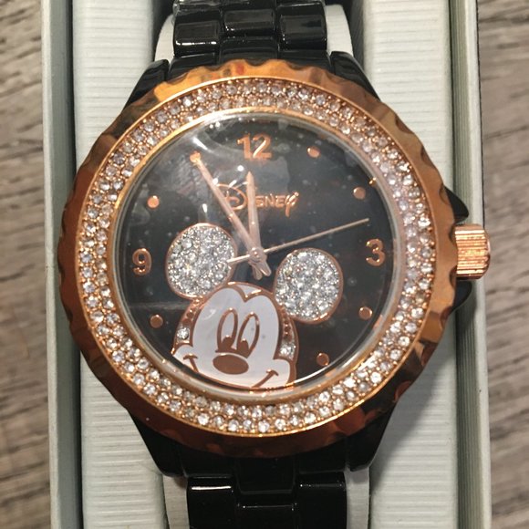Watch Disney Women's Mickey Mouse Black Enamel Rhinestones Jewelry Bling NIB - Picture 5 of 16